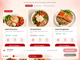 Easypick curated meal results with nutrition stats and compare controls