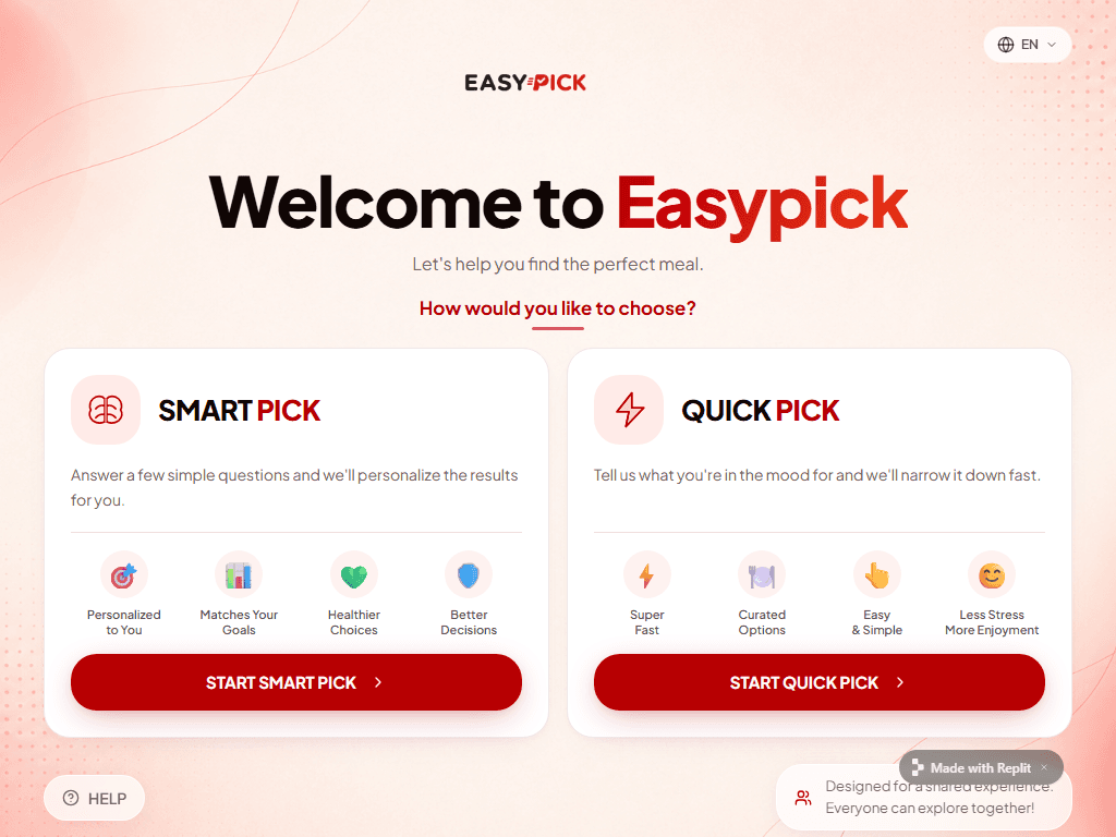 Easypick welcome screen with Smart Pick and Quick Pick mode cards