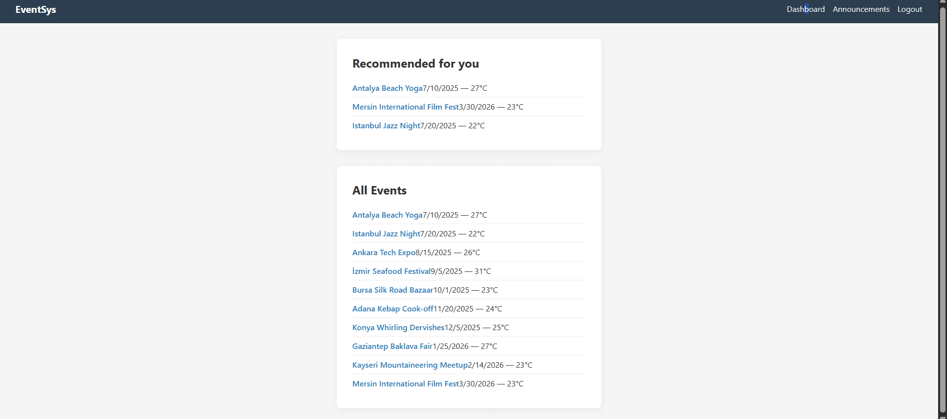 EventSys dashboard with recommended events and event list
