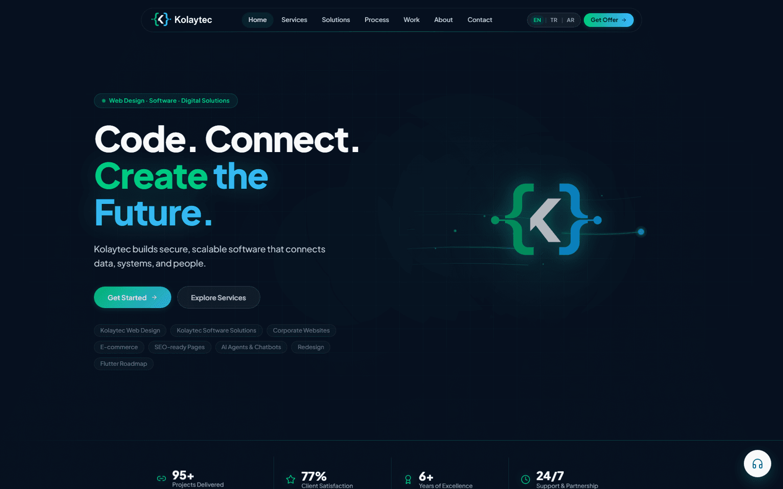 Kolaytec website homepage showing the Code. Connect. Create the Future hero section