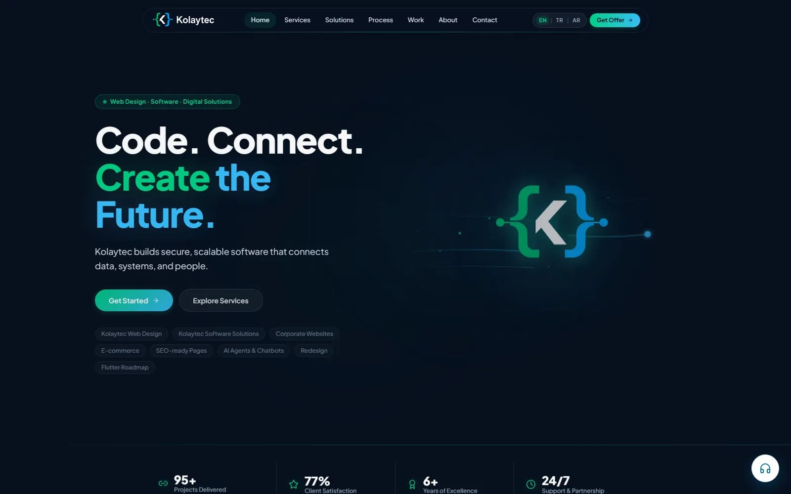 Kolaytec website homepage showing the Code. Connect. Create the Future hero section